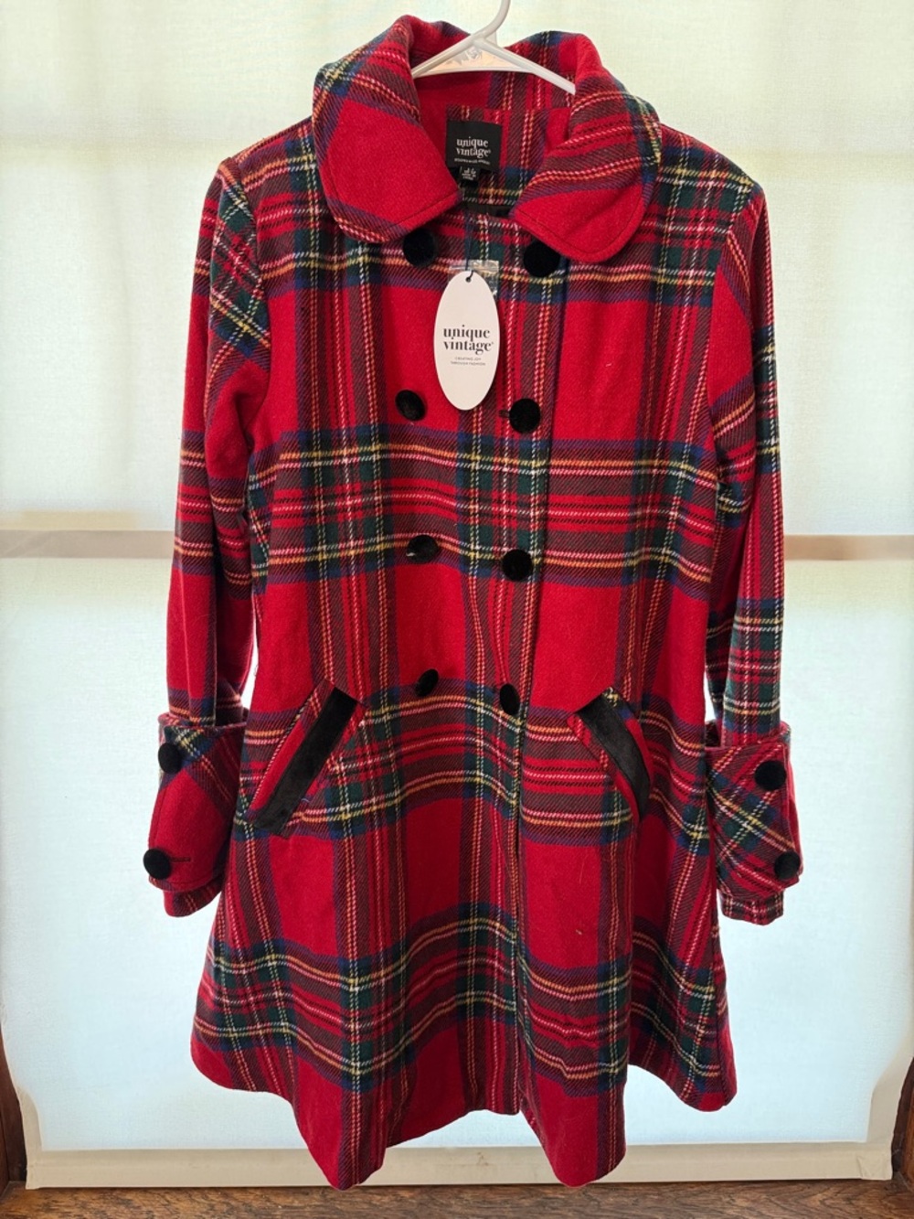 Unique Vintage Red Plaid Girls' Pea Coat with Black Buttons